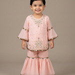 Toddler Girls' Baby Pink Bell Sleeve Gharara Suit with Pearl & Gold Embroidery