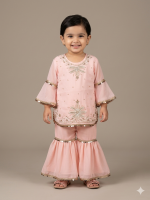 Toddler Girls' Baby Pink Bell Sleeve Gharara Suit with Pearl & Gold Embroidery