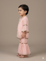 Toddler Girls' Baby Pink Bell Sleeve Gharara Suit with Pearl & Gold Embroidery - Image 2