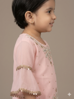 Toddler Girls' Baby Pink Bell Sleeve Gharara Suit with Pearl & Gold Embroidery - Image 3