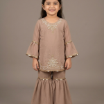 Kids’ Taupe Bell Sleeve Gharara Suit with Pearl & Sequin Embroidery