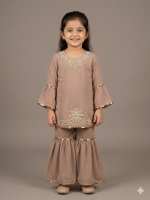 Kids’ Taupe Bell Sleeve Gharara Suit with Pearl & Sequin Embroidery