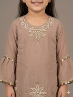 Kids’ Taupe Bell Sleeve Gharara Suit with Pearl & Sequin Embroidery - Image 2