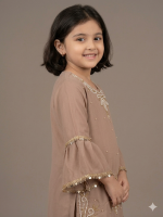 Kids’ Taupe Bell Sleeve Gharara Suit with Pearl & Sequin Embroidery - Image 3
