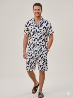 Men's Abstract Leaf Print 2-Piece Summer Co-ord Set - White & Black