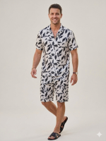 Men's Abstract Leaf Print 2-Piece Summer Co-ord Set - White & Black - Image 3