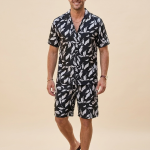 Men's Black & White Leaf Print Matching Shirt and Shorts Set