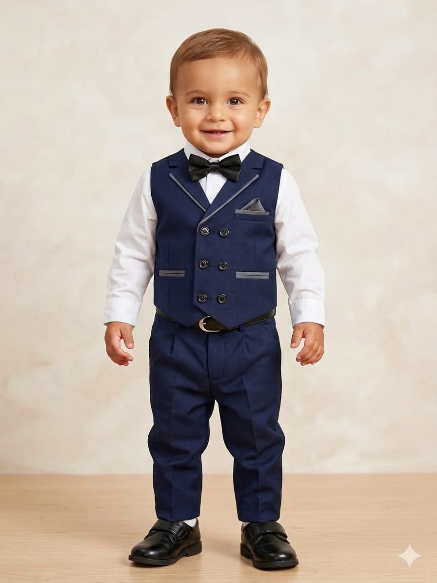 BOY GAJNI SUIT Boys Royal Blue Double-Breasted 4-Piece Tuxedo Set - Toddler and Infant Formal Suit with Bow Tie - Image 1