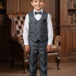 Boys' Charcoal Grey Double-Breasted Waistcoat Suit - Formal 4-Piece Set