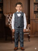 Boys' Charcoal Grey Double-Breasted Waistcoat Suit - Formal 4-Piece Set