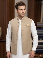 Men's Premium Beige Waistcoat with White Shalwar Kameez – Elegant Wedding & Festive Wear - Image 3