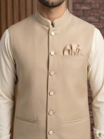Men's Premium Beige Waistcoat with White Shalwar Kameez – Elegant Wedding & Festive Wear - Image 4