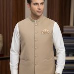 Men's Premium Beige Waistcoat with White Shalwar Kameez – Elegant Wedding & Festive Wear