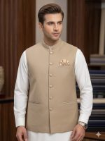 Men's Premium Beige Waistcoat with White Shalwar Kameez – Elegant Wedding & Festive Wear