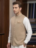 Men's Premium Beige Waistcoat with White Shalwar Kameez – Elegant Wedding & Festive Wear - Image 2