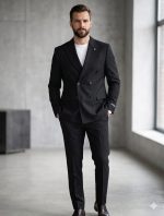 Men’s Slim Fit Double-Breasted Black Blazer – Modern Smart Casual Suit