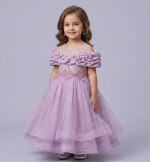 Elegant Lavender Sequin Party Gown for Girls | Off-Shoulder Ruffle Tulle Ball Dress