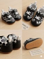 Retro Checker board Baby Sneakers – Non-Slip Soft Sole Infant Walking Shoes with Hook-and-Loop Strap (Black & White) - Image 3