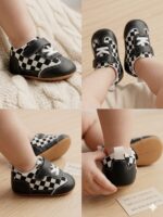 Retro Checker board Baby Sneakers – Non-Slip Soft Sole Infant Walking Shoes with Hook-and-Loop Strap (Black & White) - Image 2