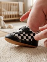 Retro Checker board Baby Sneakers – Non-Slip Soft Sole Infant Walking Shoes with Hook-and-Loop Strap (Black & White)
